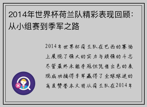 2014年世界杯荷兰队精彩表现回顾：从小组赛到季军之路